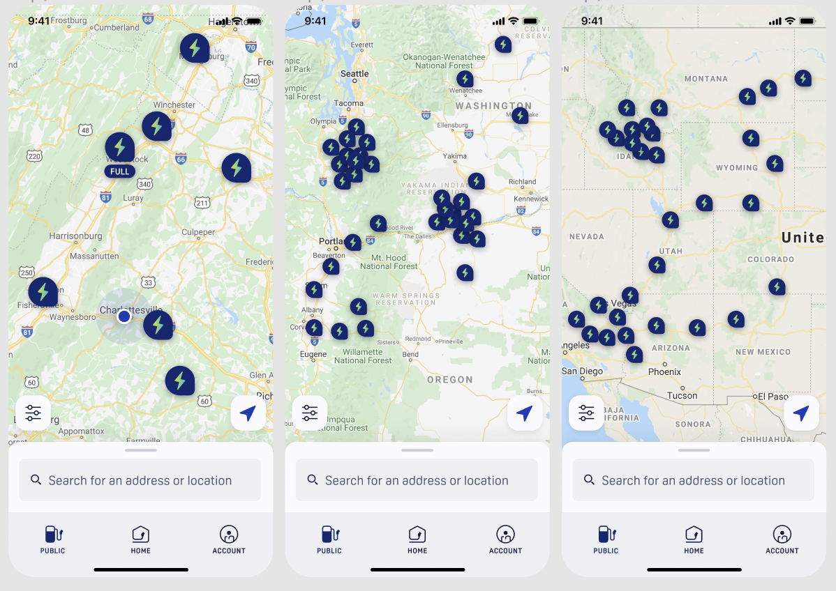 Map view at three zoom levels