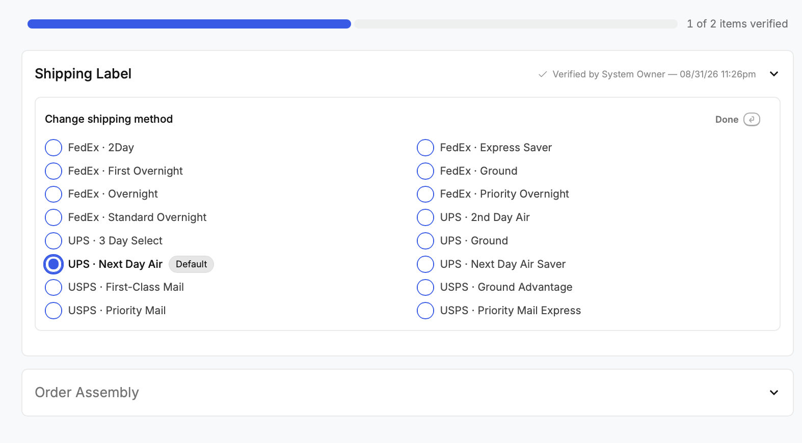 Assembly — shipping label verified, UPS Next Day Air as the default method