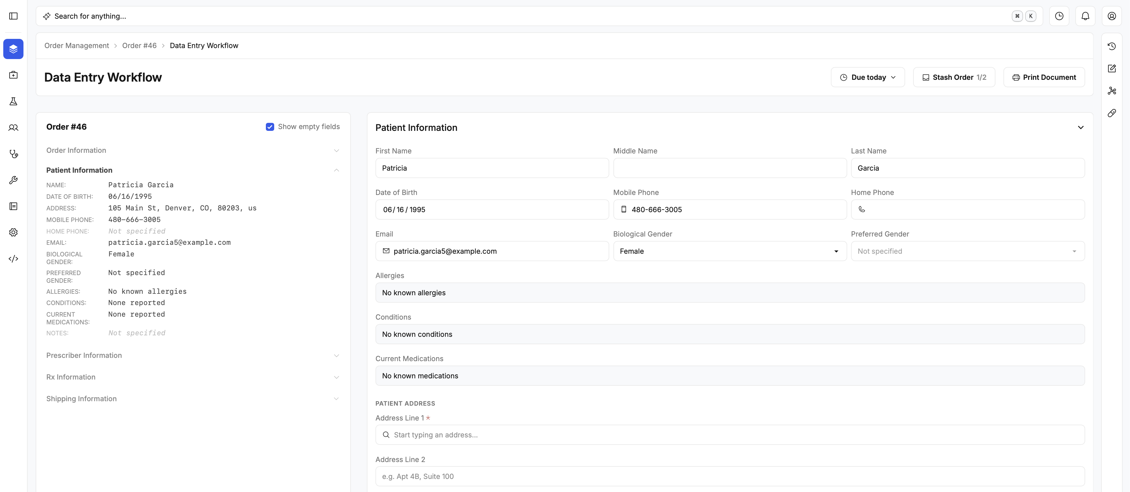 Data Entry Workflow — order record beside the live entry form