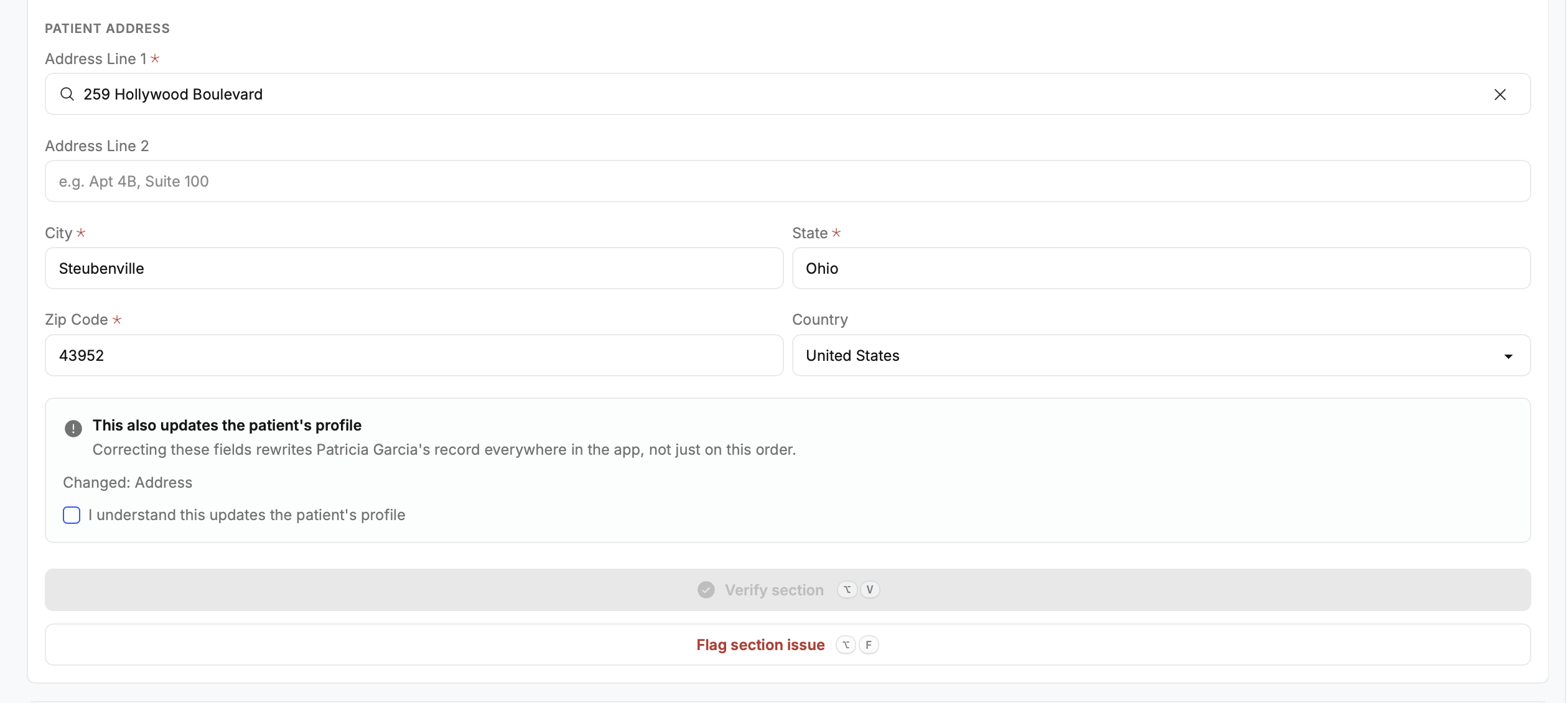 Address correction warning — this also updates the patient's profile