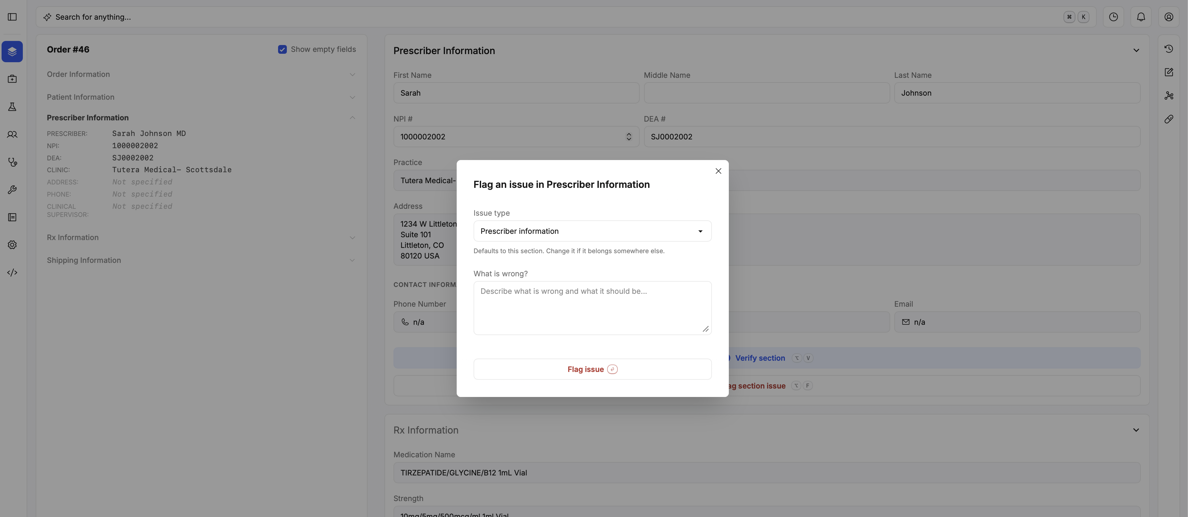 Flag an issue modal, scoped to Prescriber Information
