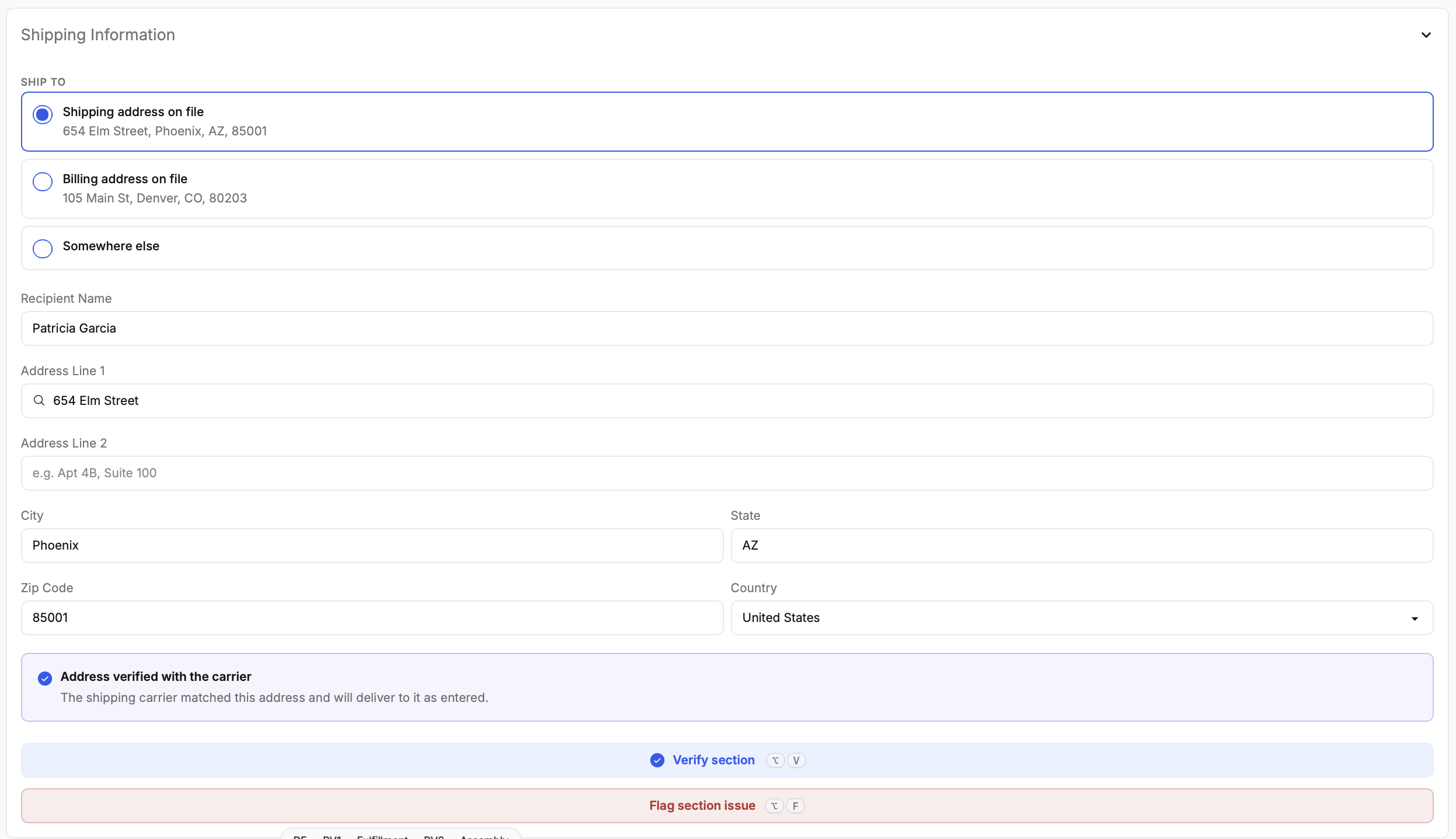 Shipping Information — address verified with the carrier, verify or flag actions