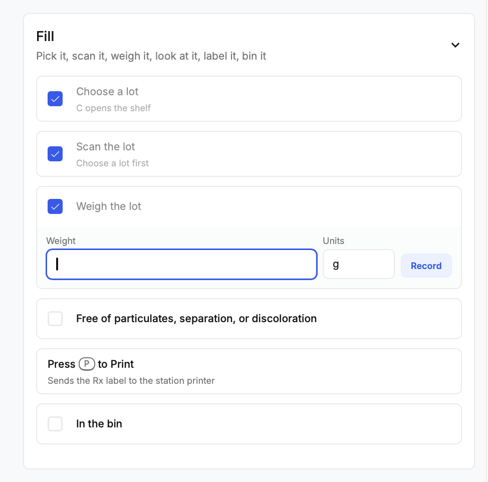 Weighing the lot — weight recorded inline in the checklist step
