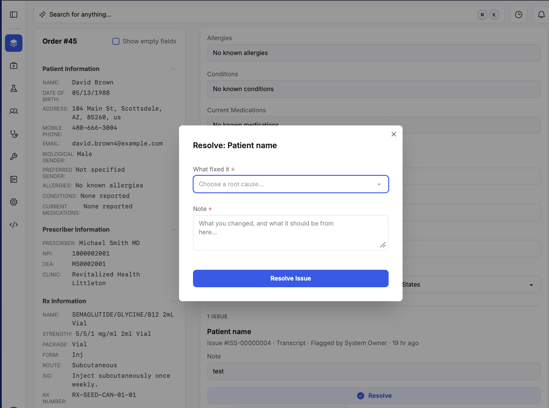 Resolve issue modal — root cause and note required