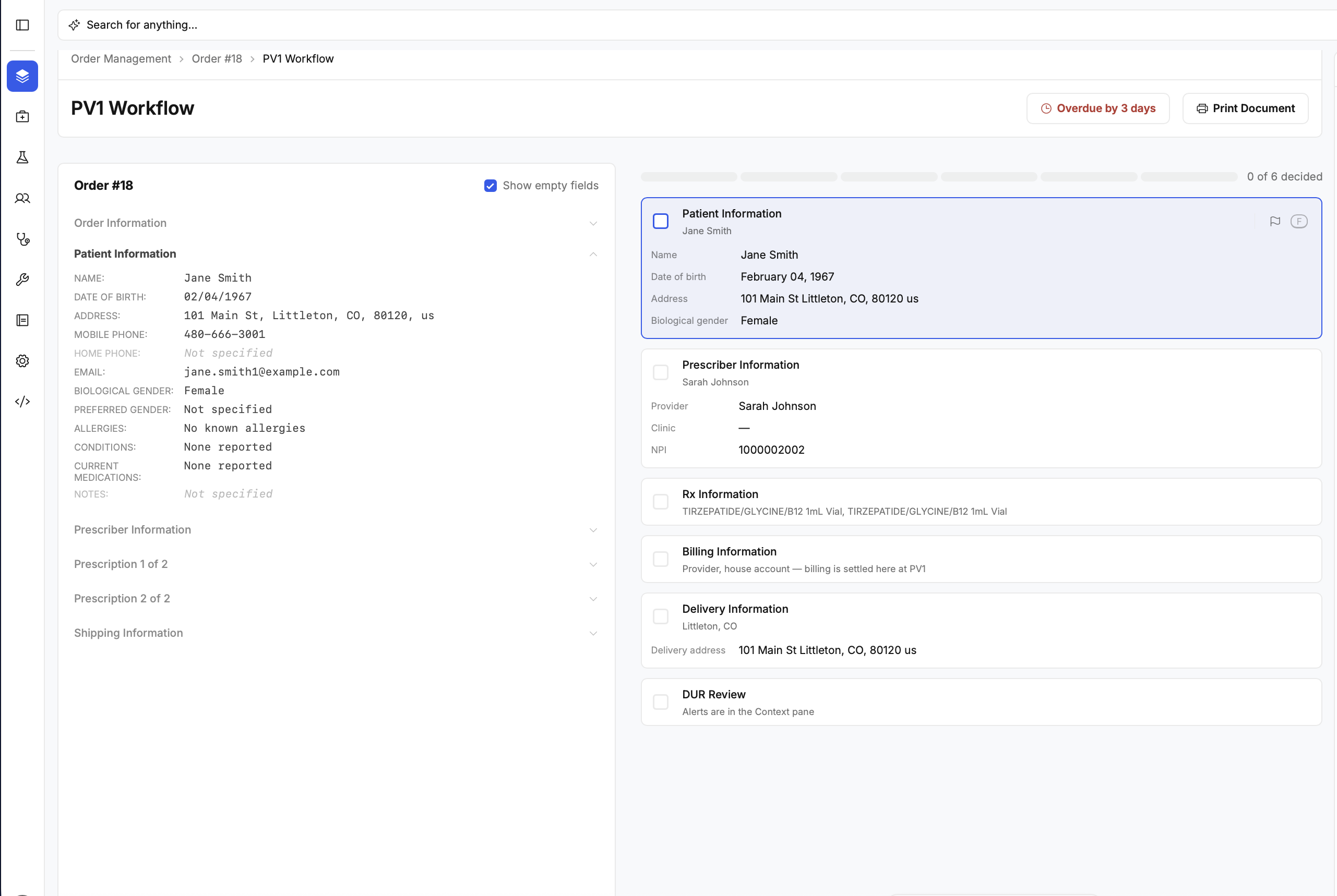 PV1 Workflow — six decision cards against the full order record
