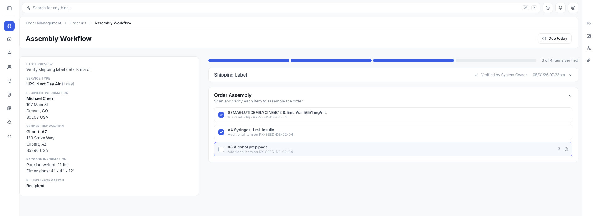 Assembly workflow — scan and verify each item against the shipping label