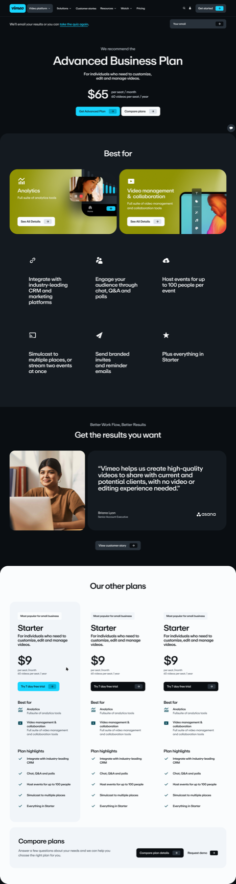 Vimeo plan selection experience